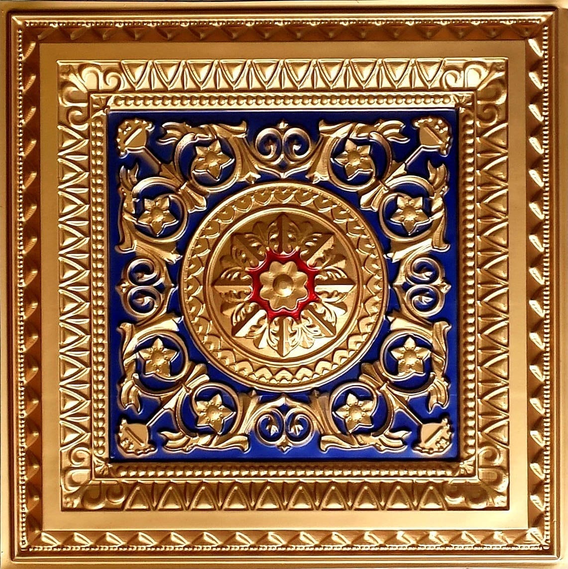 223 Gold- Royal Blue-Red Faux Tin Ceiling Tile