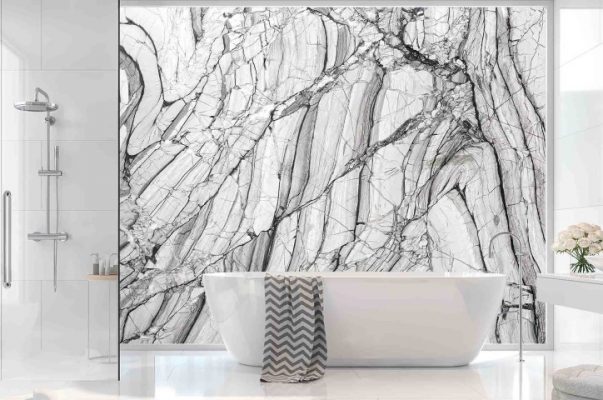 Modern White Bathroom With City View 3d Render. There Are White
