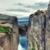 Kjerag Kjeragbolten rock in Kjerag Mountains, Norway