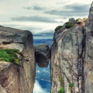 Kjerag Kjeragbolten rock in Kjerag Mountains, Norway