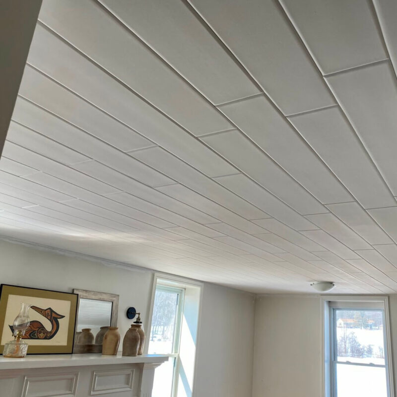 Plain white ceiling planks room