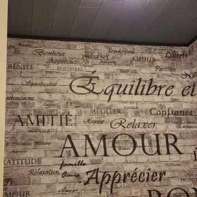 wall mural and ceiling plank installation