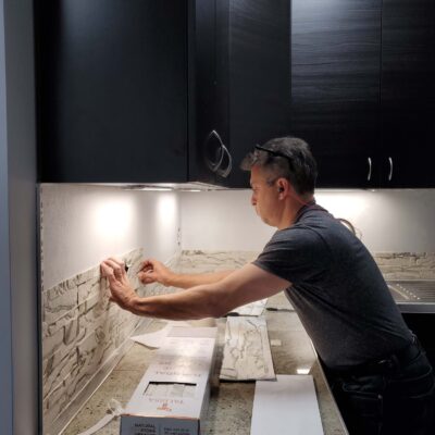 office backsplash stone veneer installation