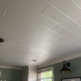 white ceiling plank installation kitchen