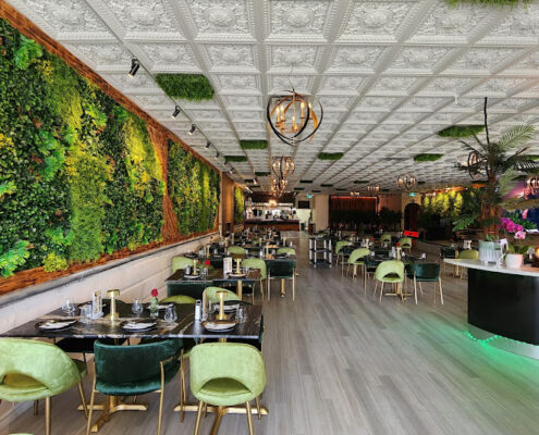 integrating white ceiling tiles into restaurant dining room