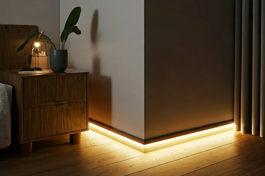 led strip lighting baseboards in bedroom
