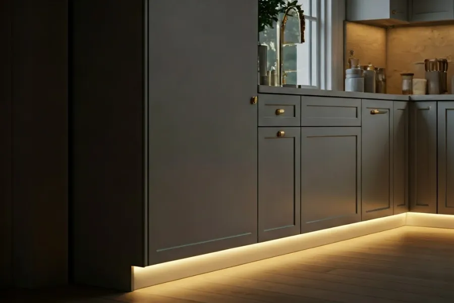 led strip lighting baseboards in kitchen