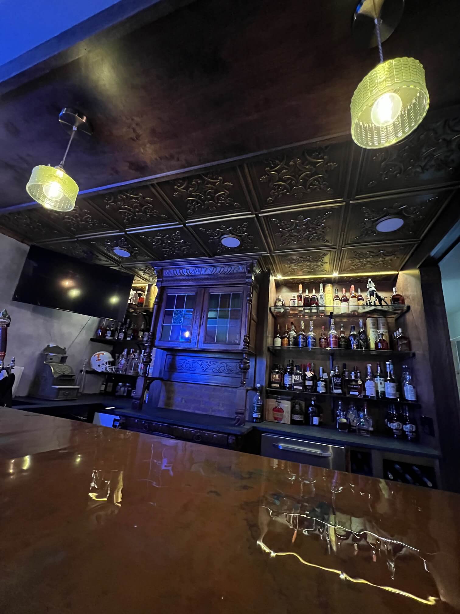 home bar installs ceiling tiles