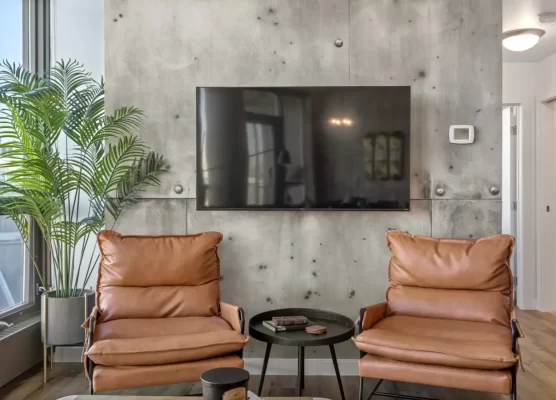 Riveted metal mural close up in condo