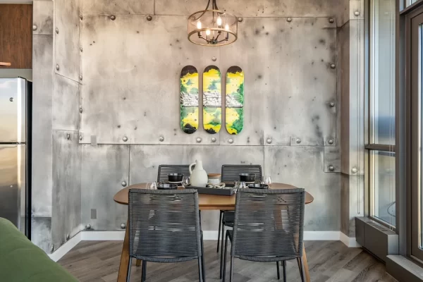 Riveted metal mural in condo airbnb