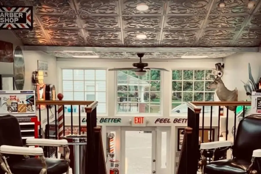 204 silver pvc tiles retro barbershop Retro barbershop fitted with moisture-resistant 204 Silver PVC tiles.