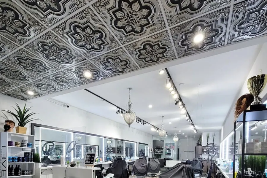 Modern hair salon featuring 206 Antique Silver decorative ceiling tiles.