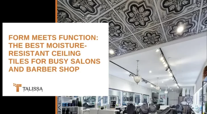 Modern barber shop interior featuring moisture-resistant ceiling tiles designed for high-humidity salon environments.