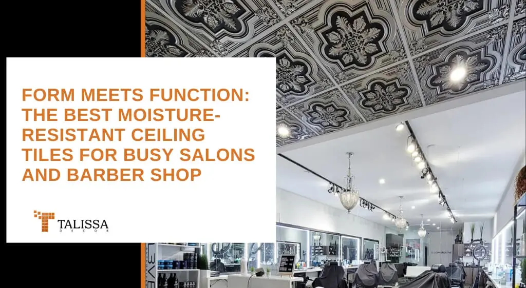 Modern barber shop interior featuring moisture-resistant ceiling tiles designed for high-humidity salon environments.