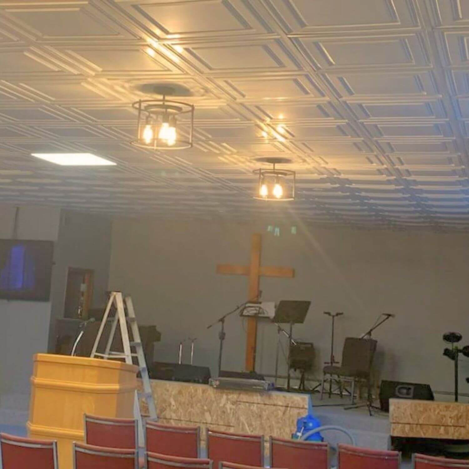 church sanctuary white matte faux tin ceiling tiles installation