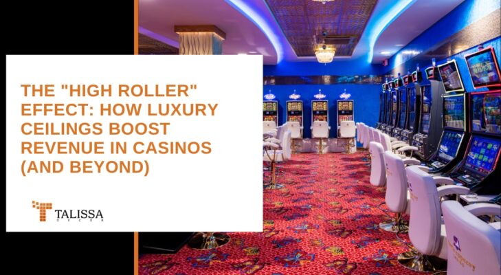 High-end casino floor featuring elaborate dark faux copper ceiling tiles.