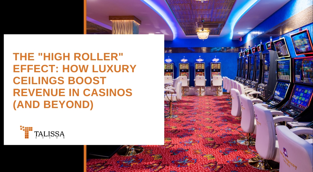 High-end casino floor featuring elaborate dark faux copper ceiling tiles.