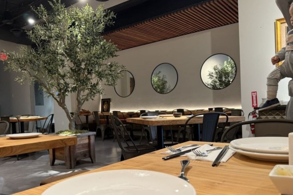 Wide interior view of a modern Sacramento restaurant featuring wooden dining tables, an indoor tree, and a slatted ceiling beautifully framed by high density polymer crown molding.