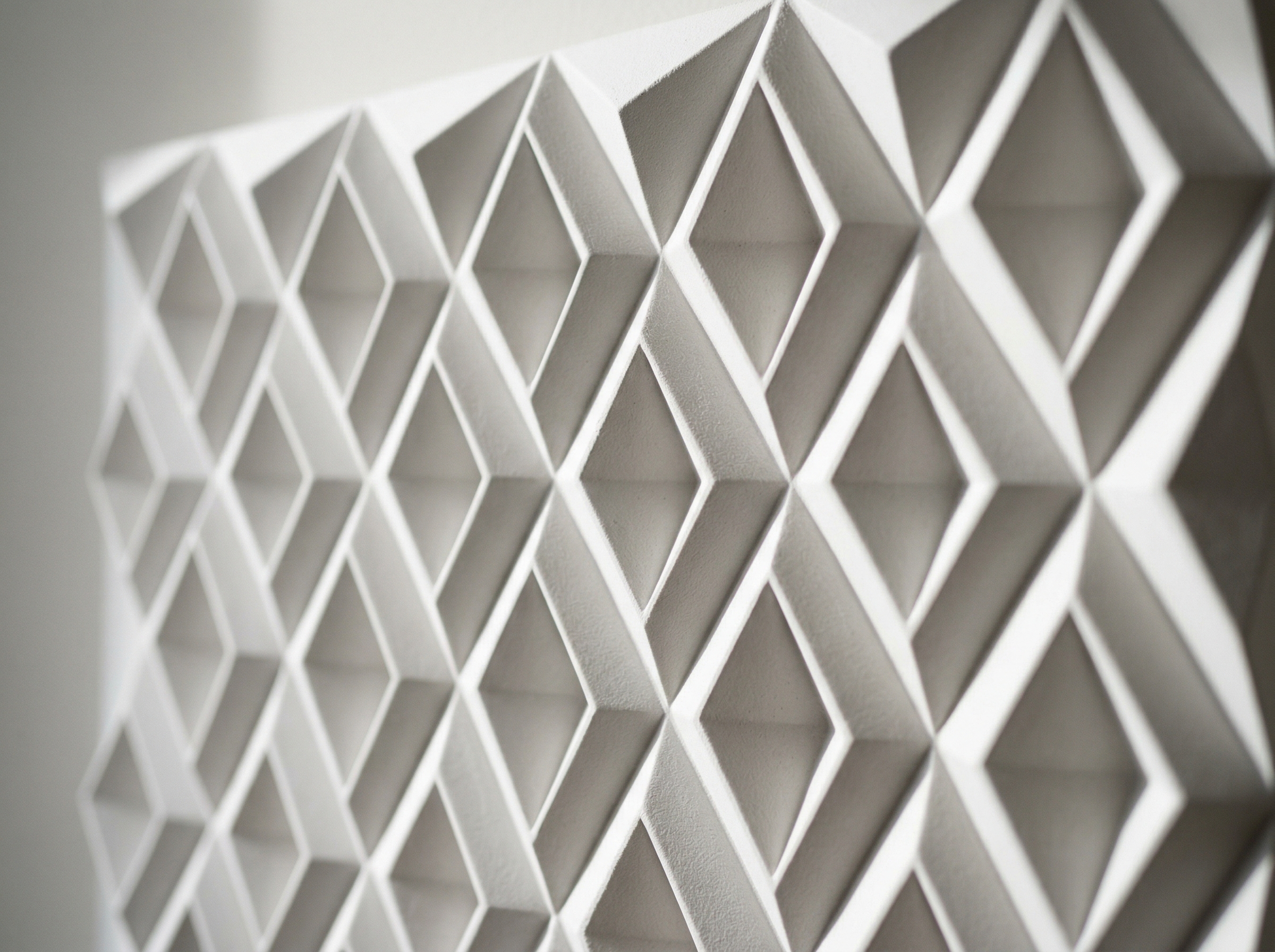 Macro of a single white 3D wall panel with deep diamond geometric pattern