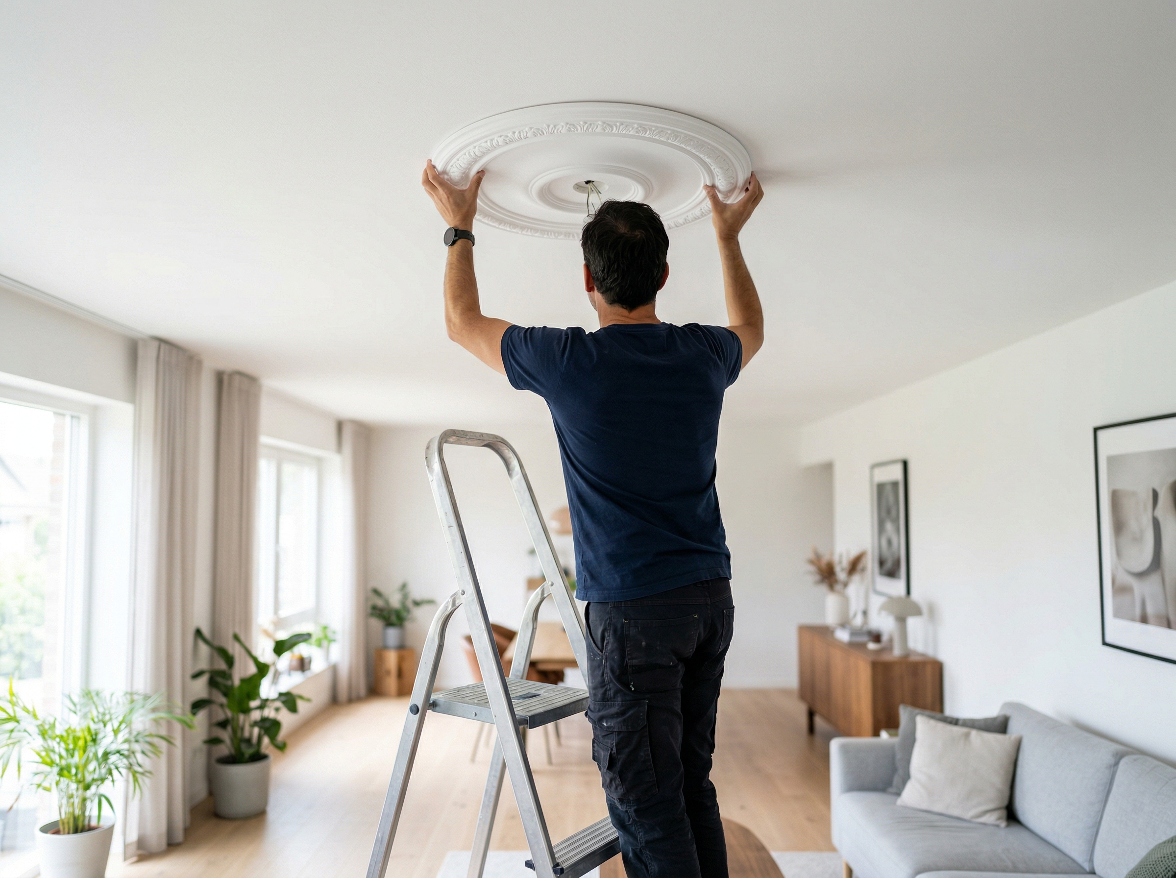 Homeowner holding a large ceiling medallion against a smooth ceiling to test placement