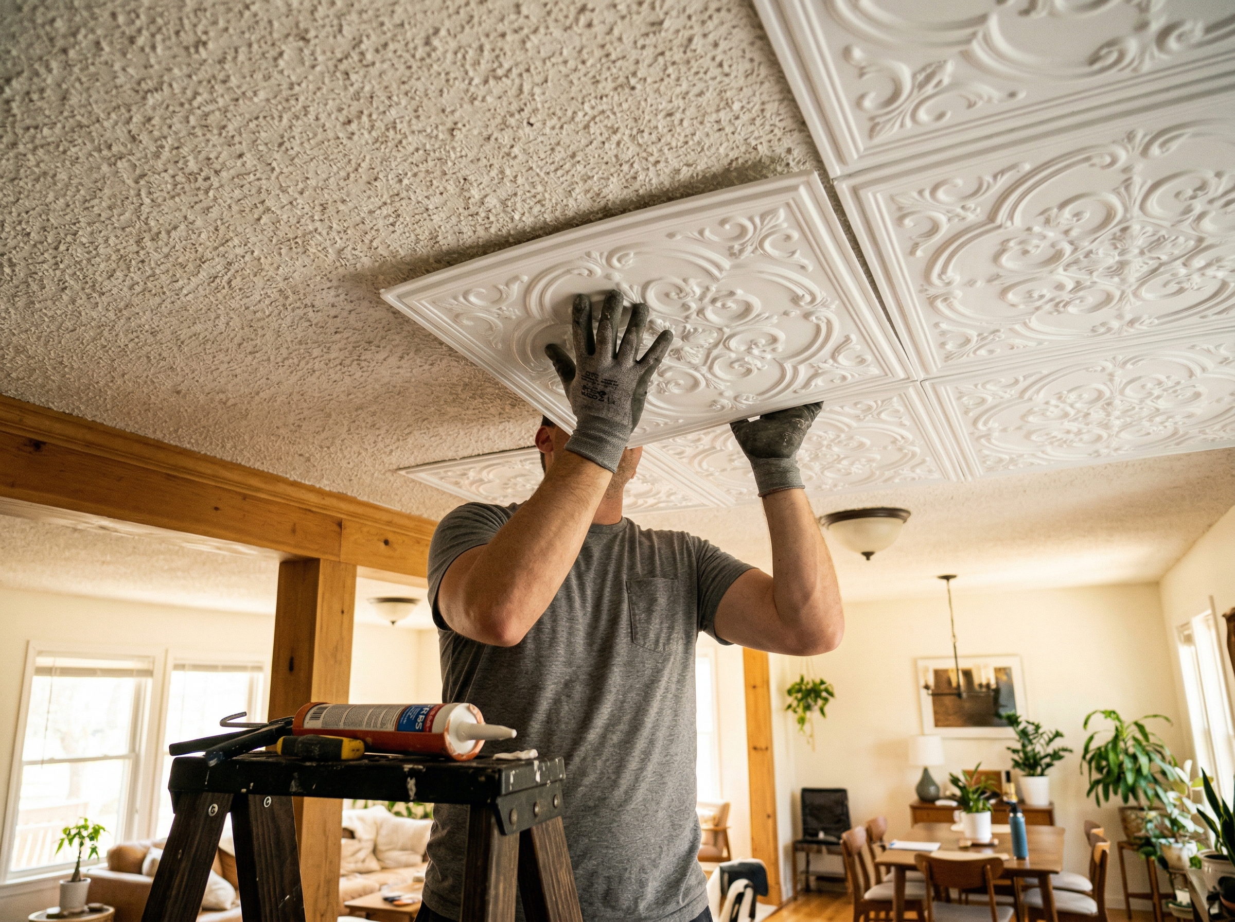 Homeowner installing a white decorative ceiling tile onto a popcorn textured ceiling
