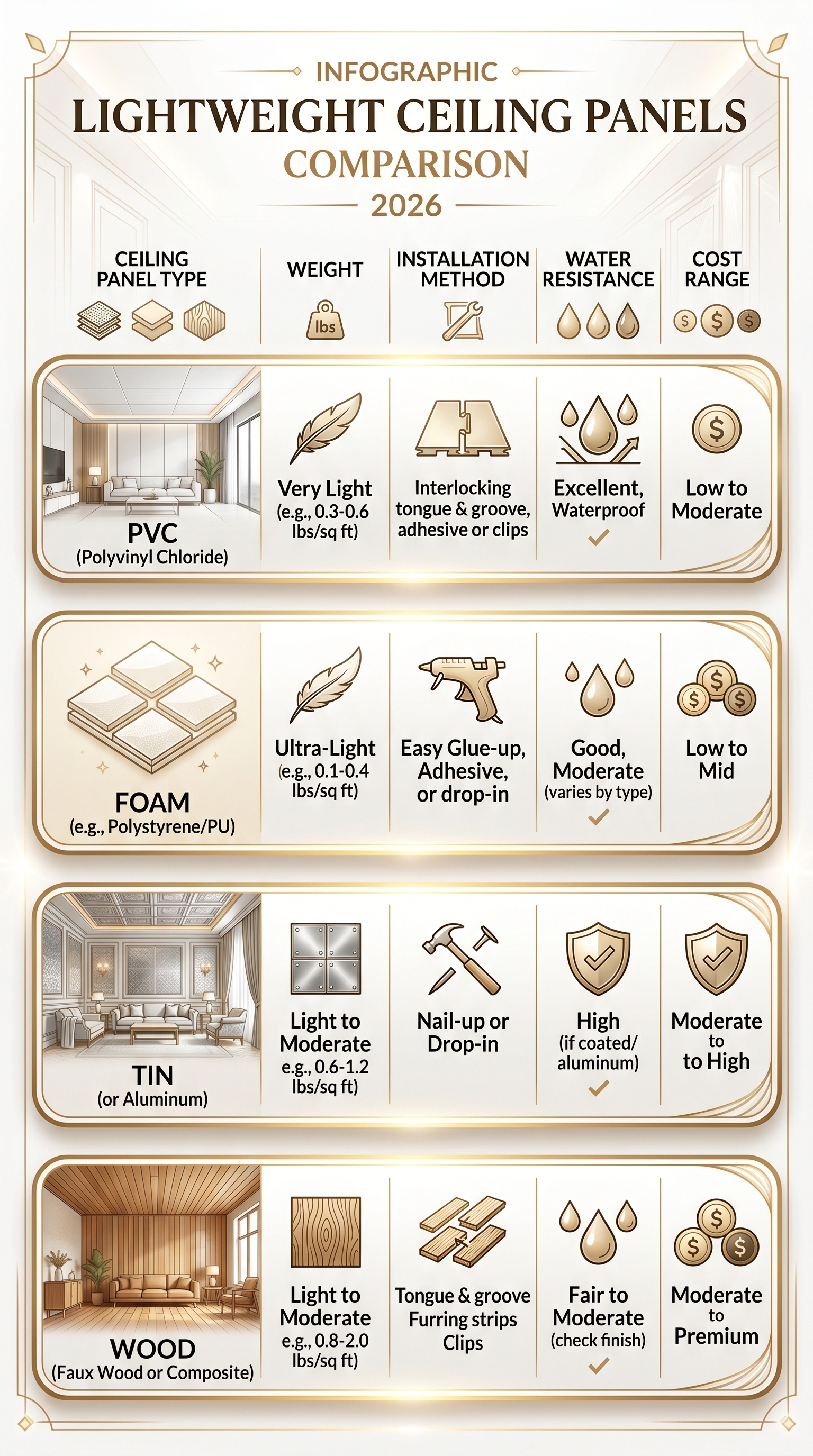 Lightweight ceiling panels 2026 comparison infographic showing PVC foam tin and plank options by weight cost and application