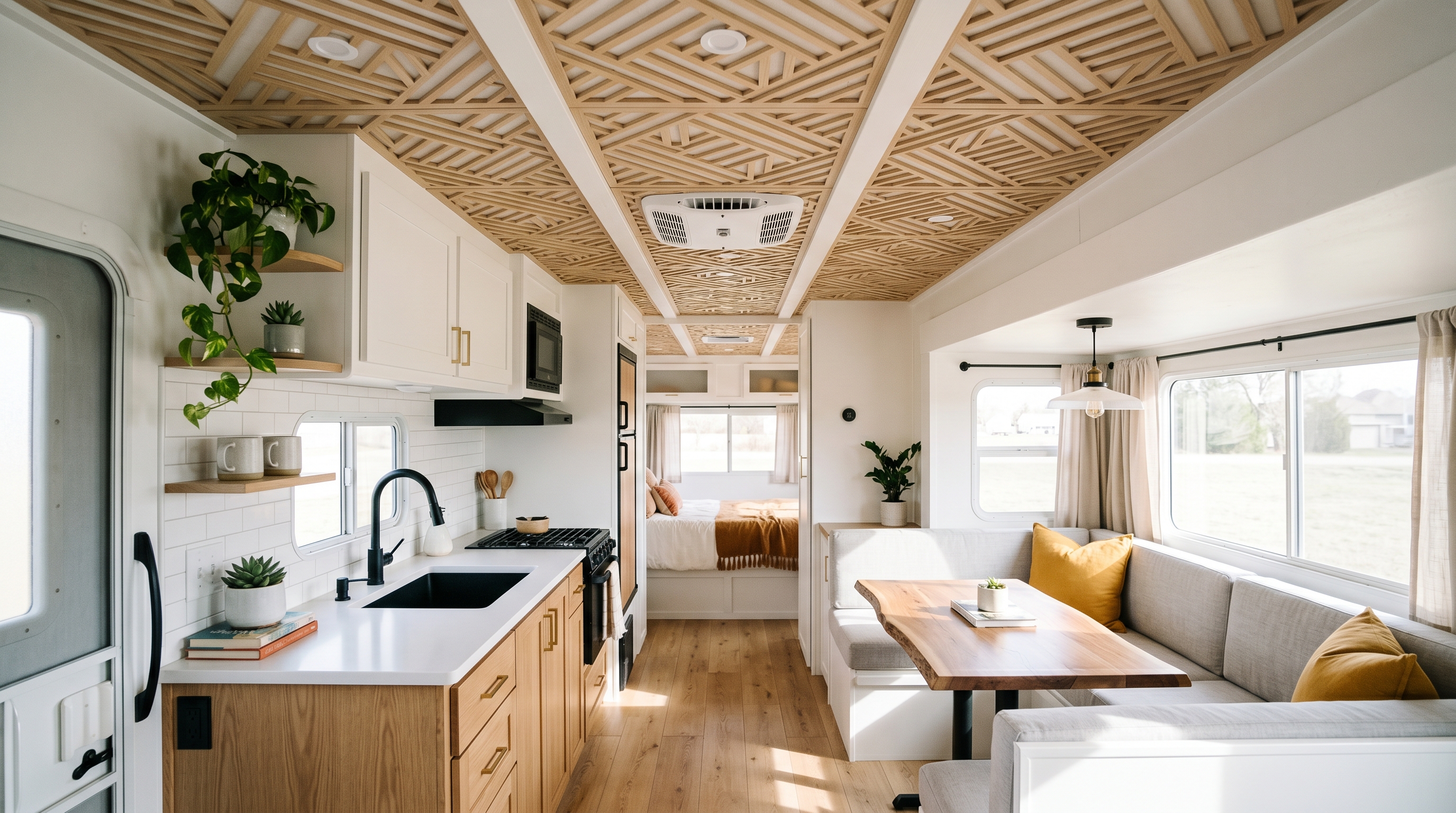 RV interior renovation with new white decorative ceiling panels installed for a modern clean look