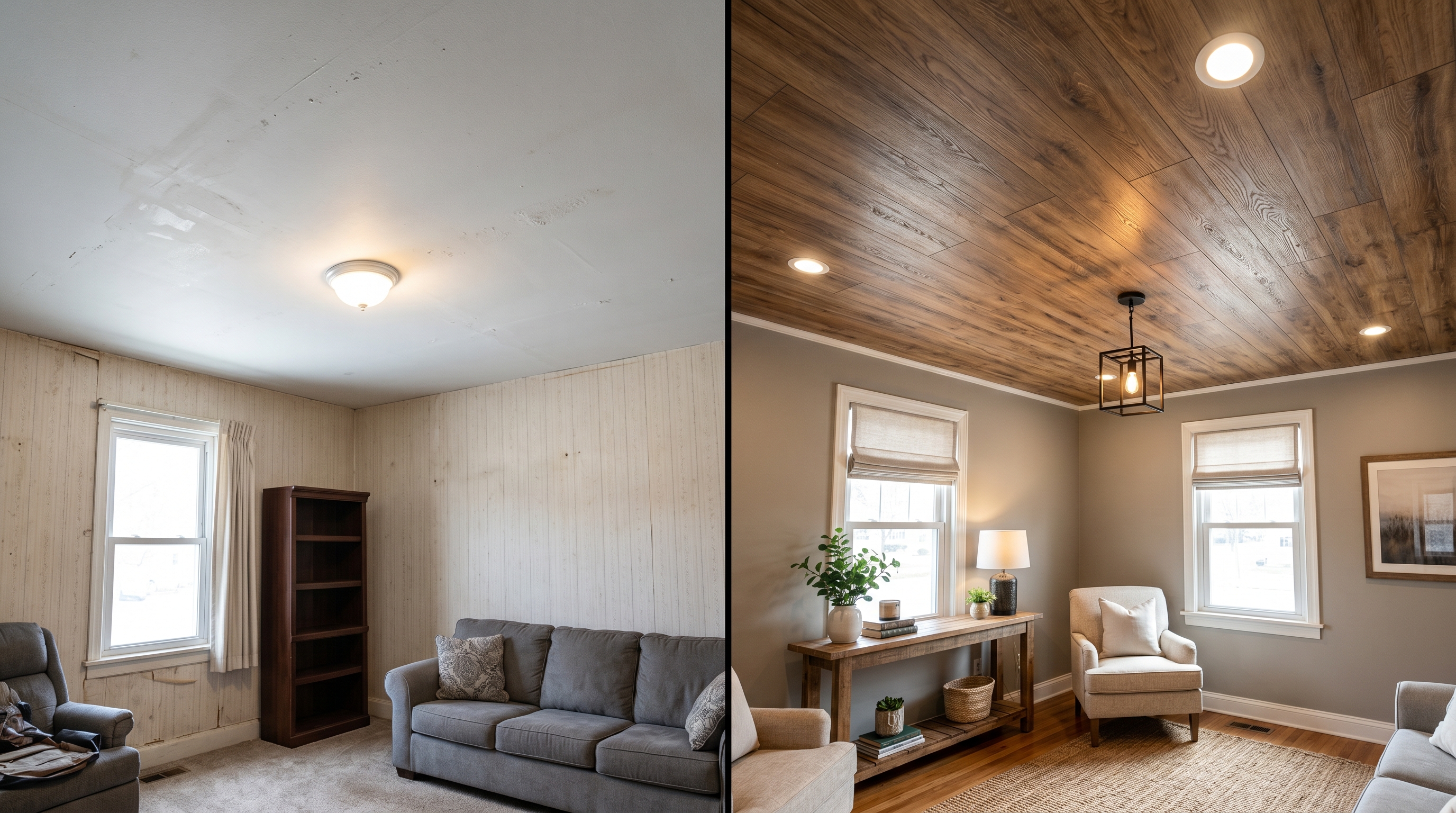 Before and after ceiling renovation showing plain white drywall transformed with beautiful installed wood-look ceiling planks