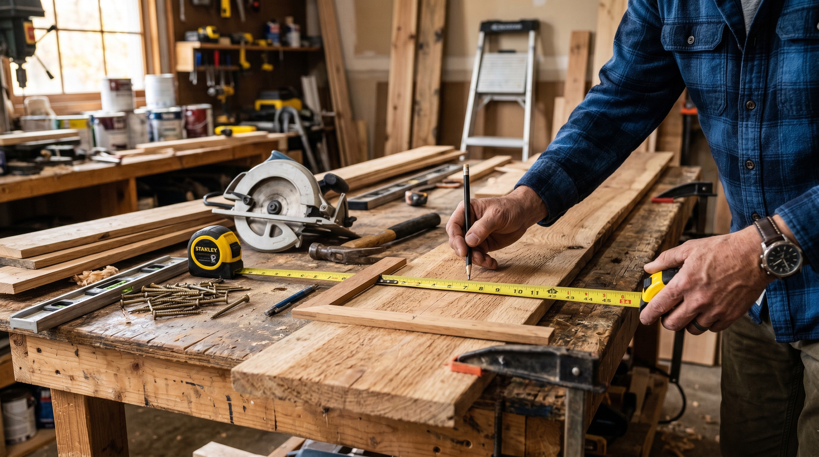 Measuring and preparing ceiling planks on a workbench before installation showing tools and planning process