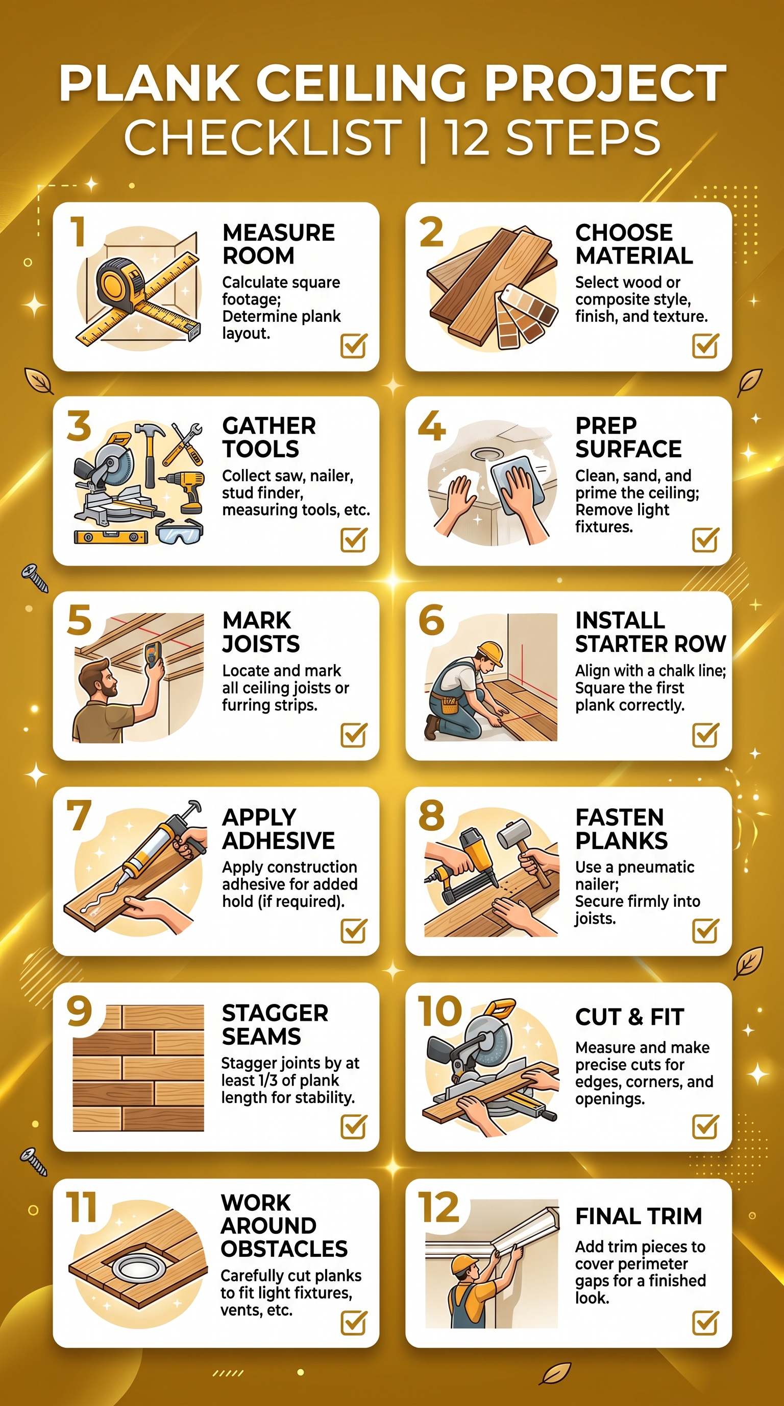 Plank ceiling project checklist infographic showing 12 steps from measurement to final trim