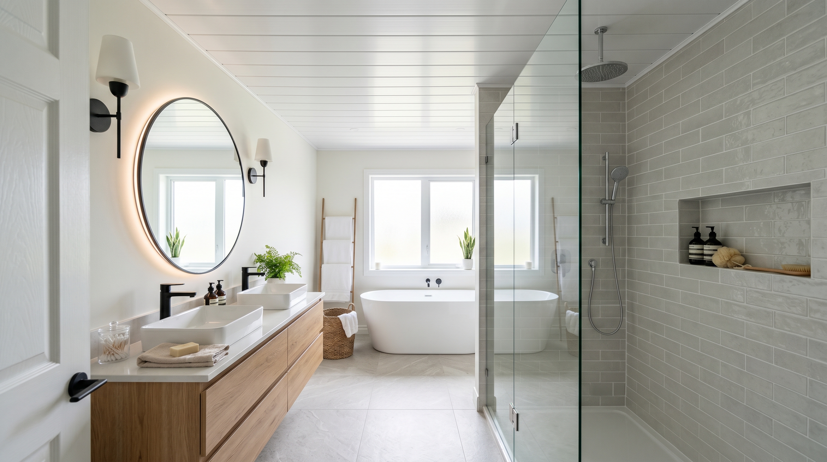Modern bathroom ceiling with moisture-resistant white PVC ceiling planks installed showing clean renovation result