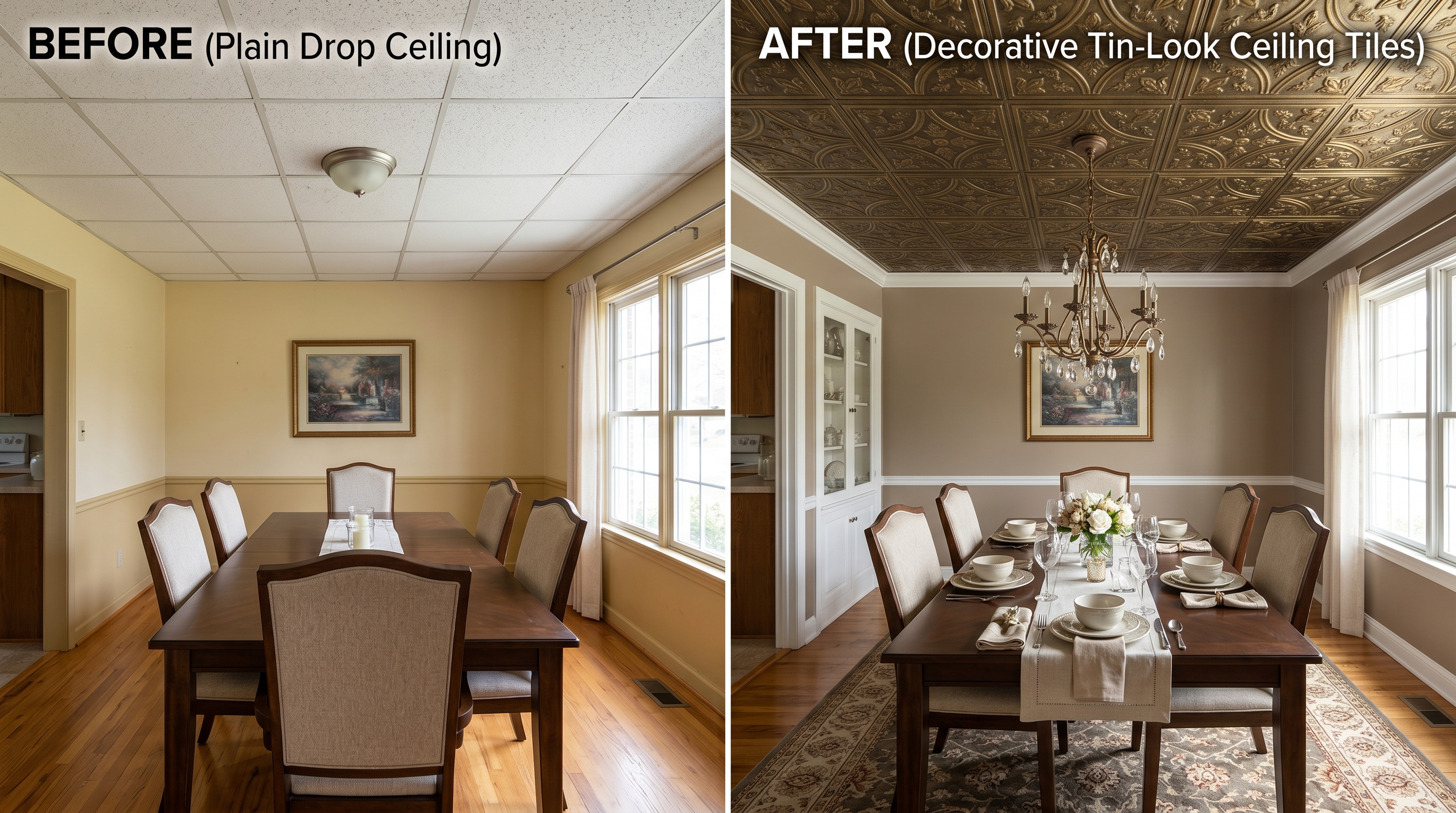 Before and after dining room ceiling with plain drop ceiling transformed with decorative glued ceiling tiles