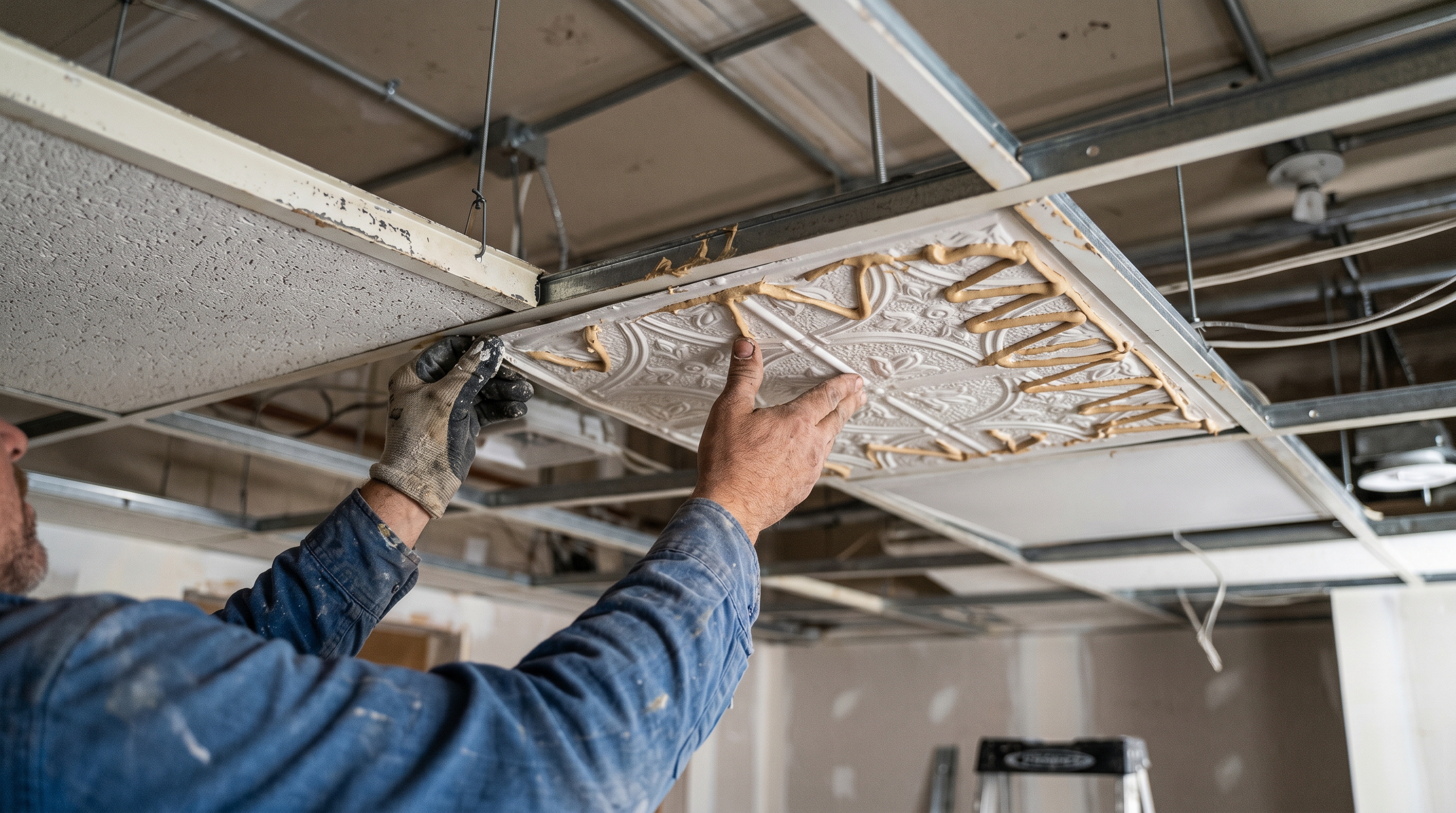 Decorative ceiling tile being glued onto existing drop ceiling grid showing installation adhesive application process
