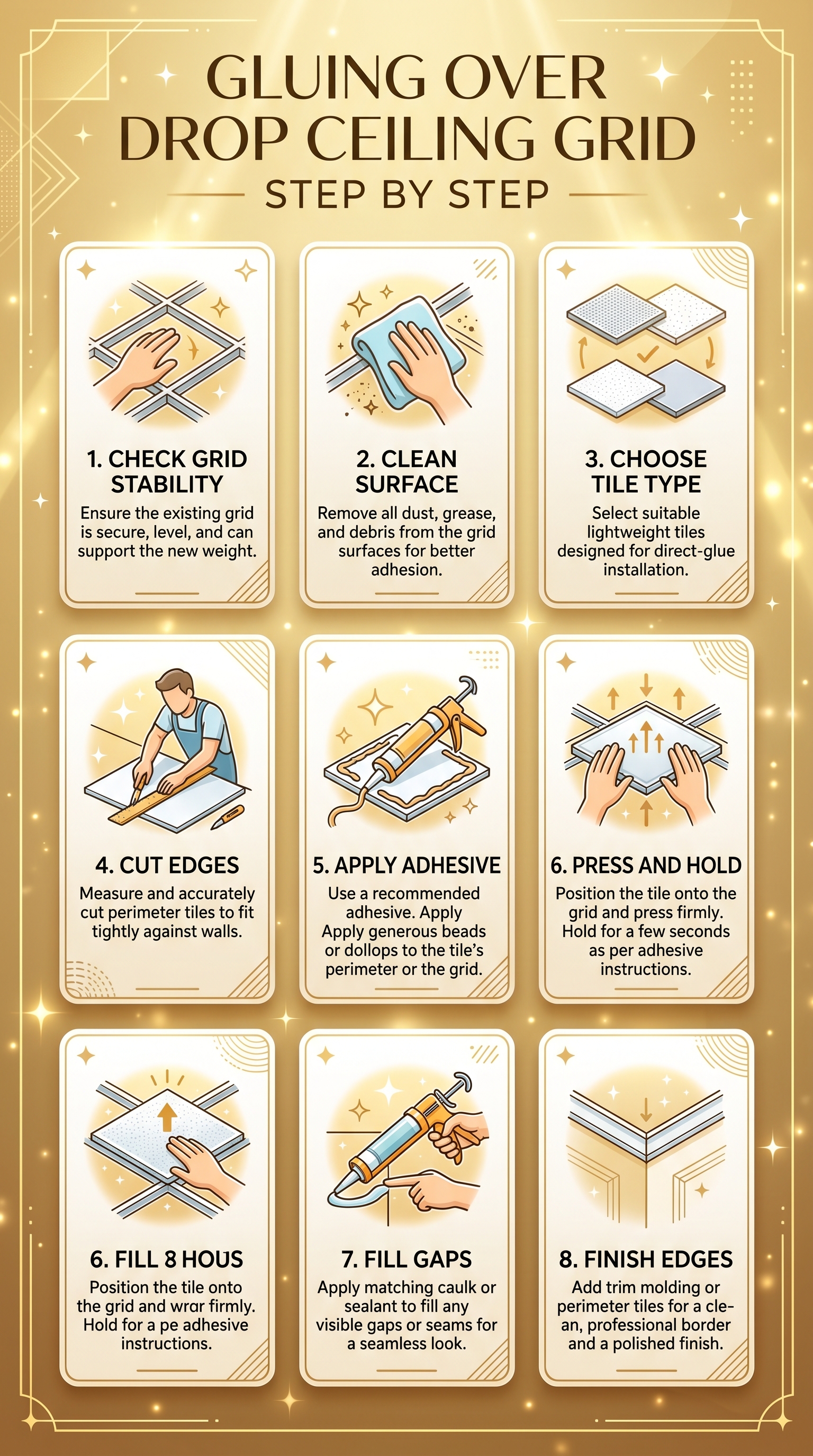 Gluing ceiling tiles over drop ceiling grid step by step infographic showing 8 installation steps