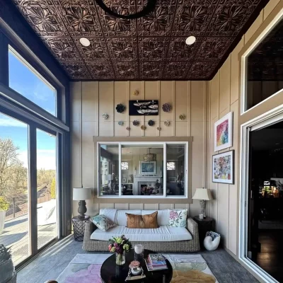Beautifully decorated sunroom in McMinnville, OR featuring newly installed traditional copper faux tin ceiling tiles.