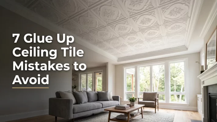 Decorative white glue up ceiling tiles installed in a bright modern living room