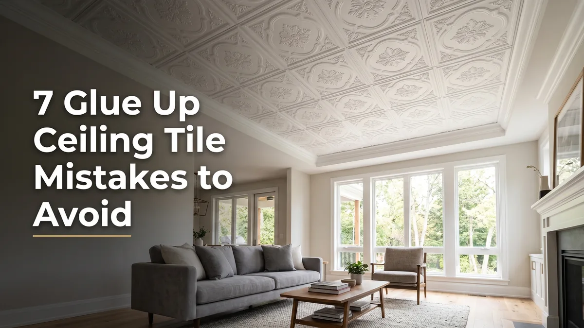 Decorative white glue up ceiling tiles installed in a bright modern living room