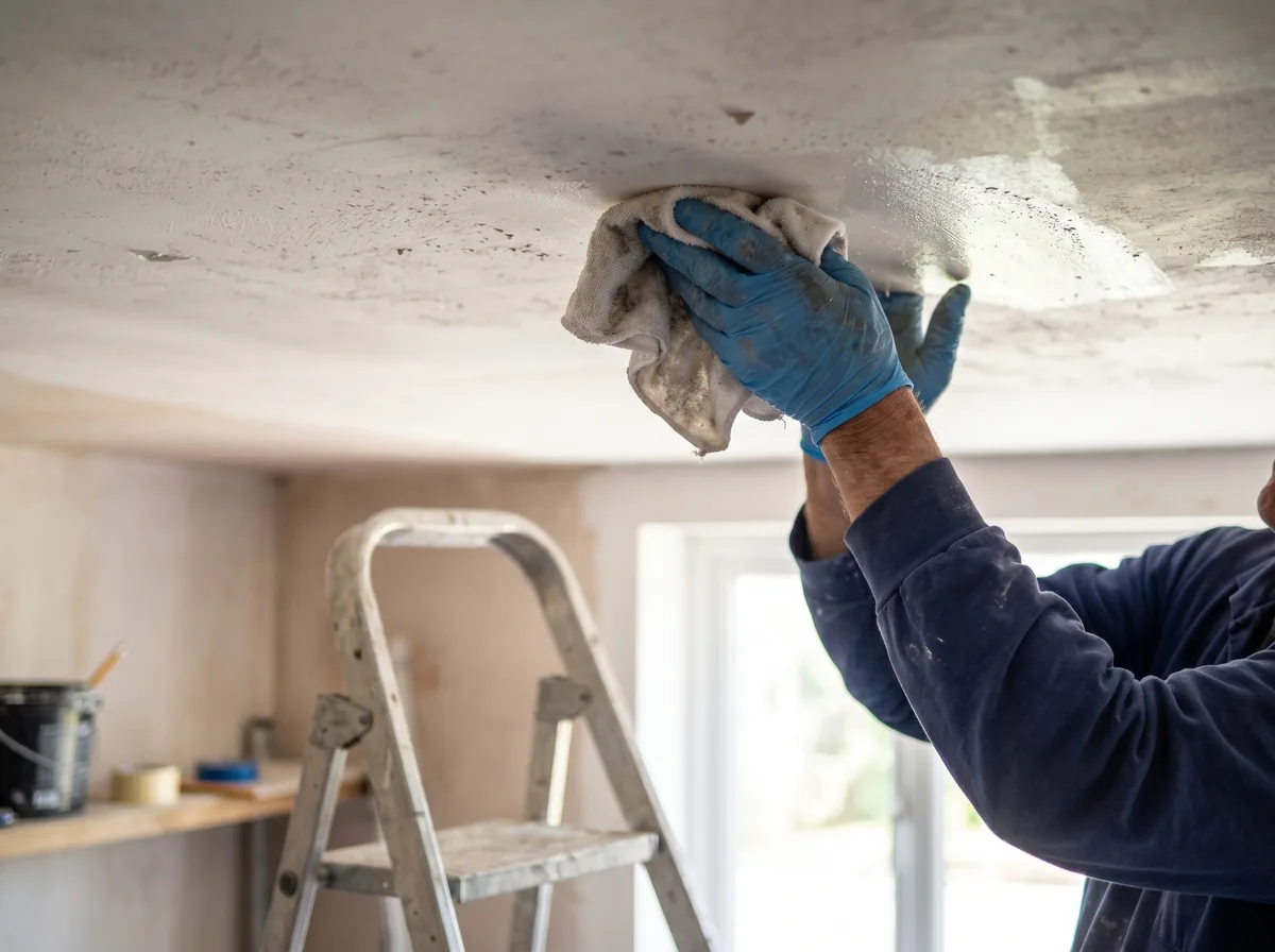 A person wiping down and prepping a ceiling before installing glue up ceiling tiles