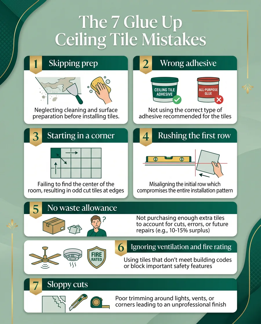 Infographic listing the seven common glue up ceiling tile installation mistakes to avoid