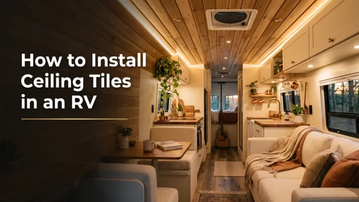 Cozy modern RV interior with a decorative lightweight tile ceiling