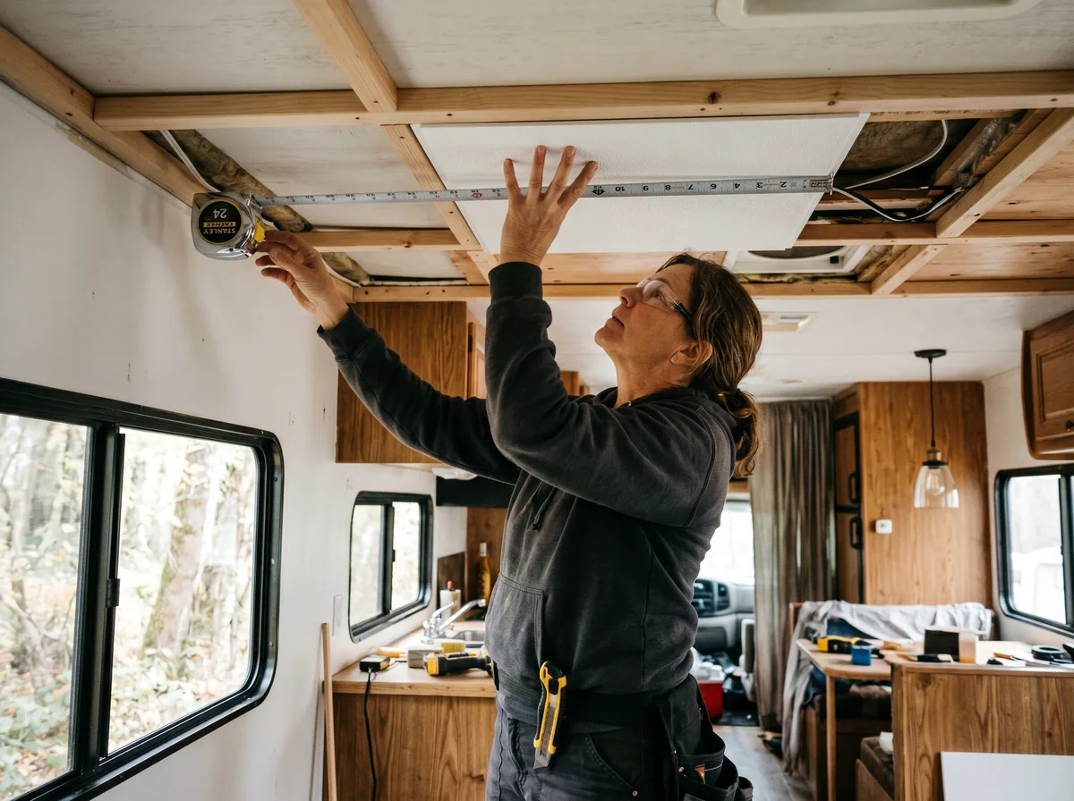 A person measuring and dry-laying lightweight ceiling tiles inside an RV before gluing