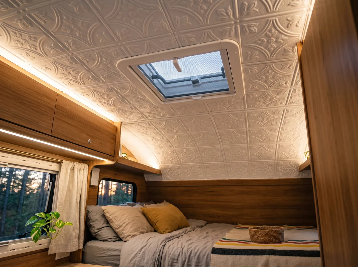 Finished decorative lightweight ceiling tiles installed in a cozy modern RV interior