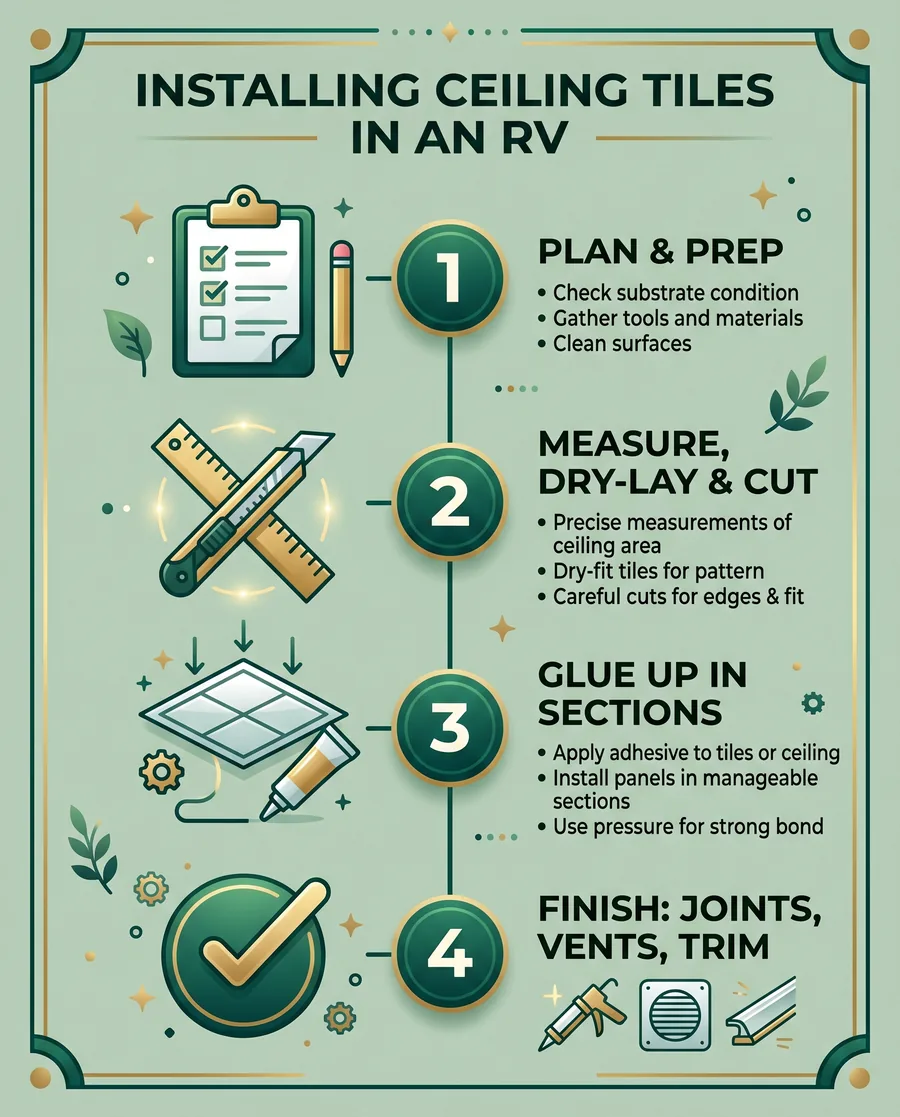 Infographic showing the timeline for installing ceiling tiles in an RV from planning to finishing