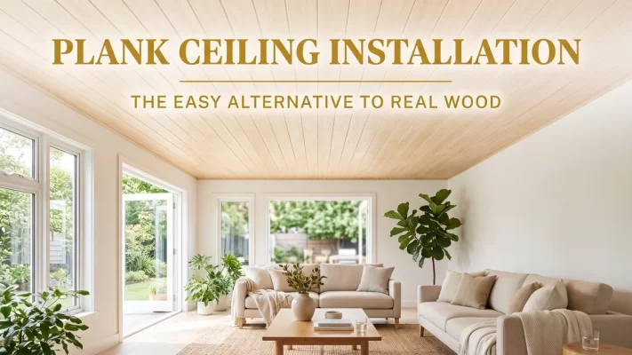 Light pine wood-look styrofoam plank ceiling in a bright living room as an easy plank ceiling installation alternative to real wood