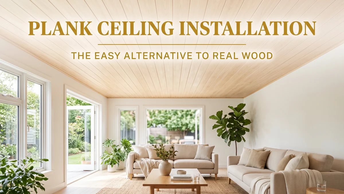 Light pine wood-look styrofoam plank ceiling in a bright living room as an easy plank ceiling installation alternative to real wood