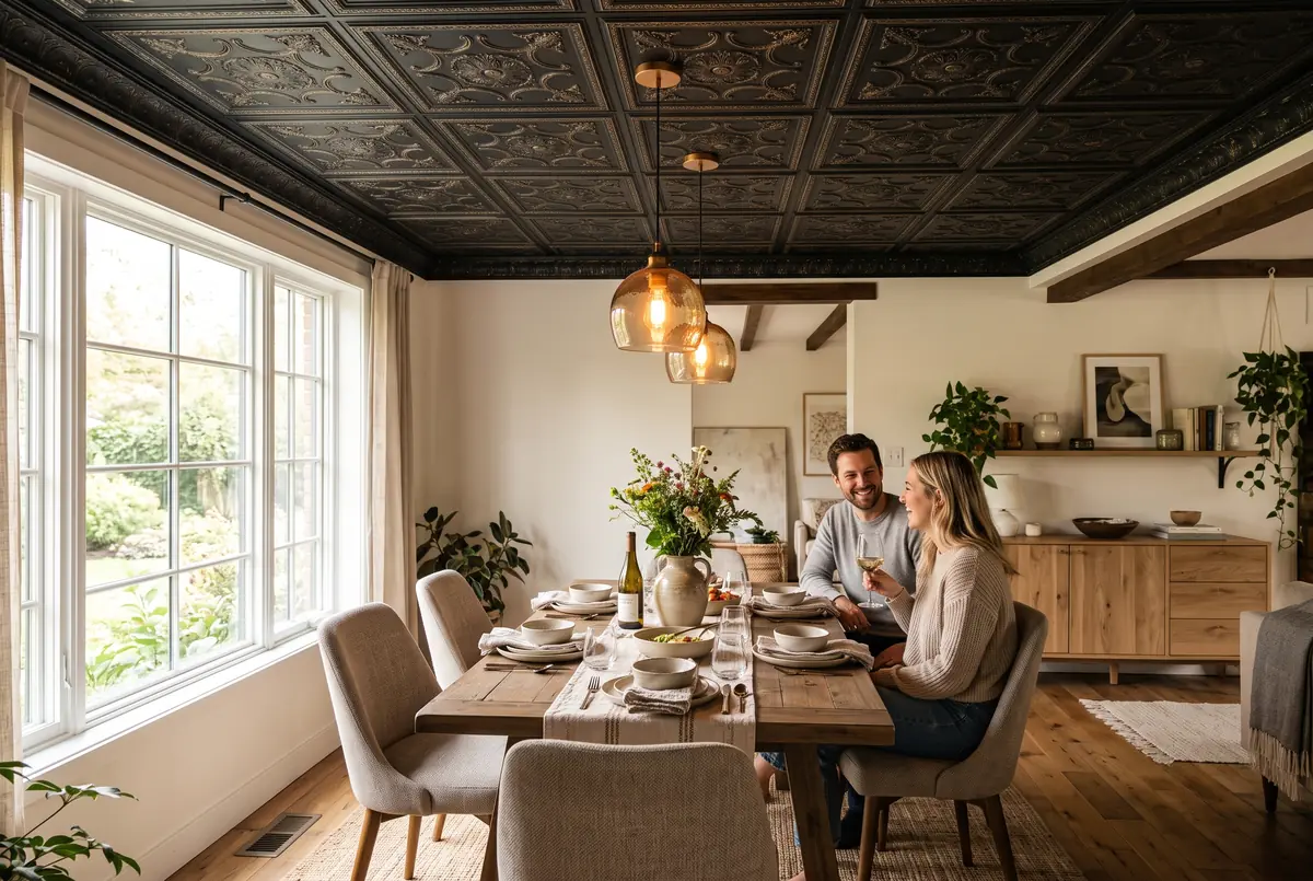 Faux tin ceiling tiles painted matte black with gold highlights over a dining room