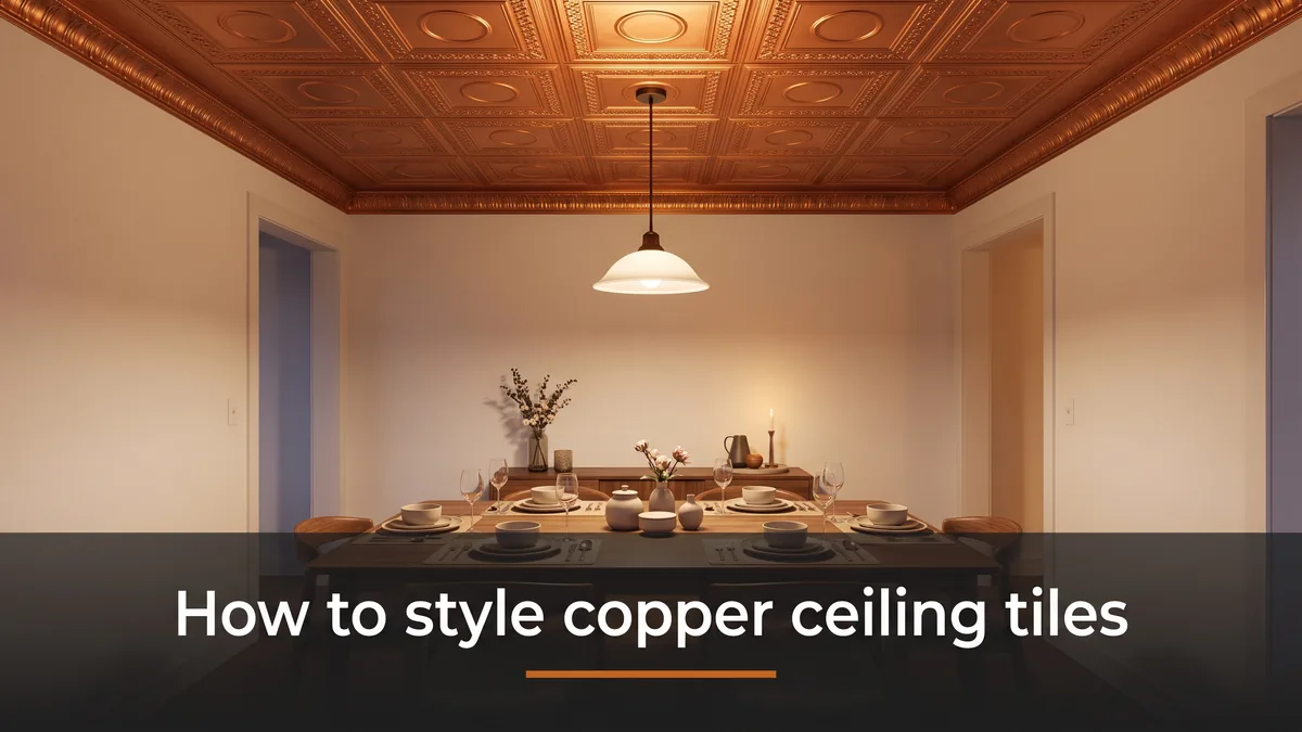 Warm copper ceiling tiles glowing over a dining table, styled with walnut and soft lighting