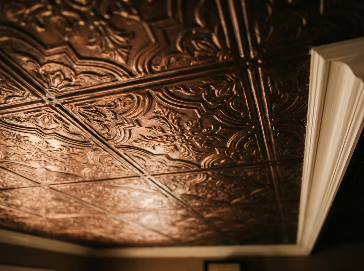 Close-up of warm copper ceiling tiles showing the embossed relief pattern and metallic sheen