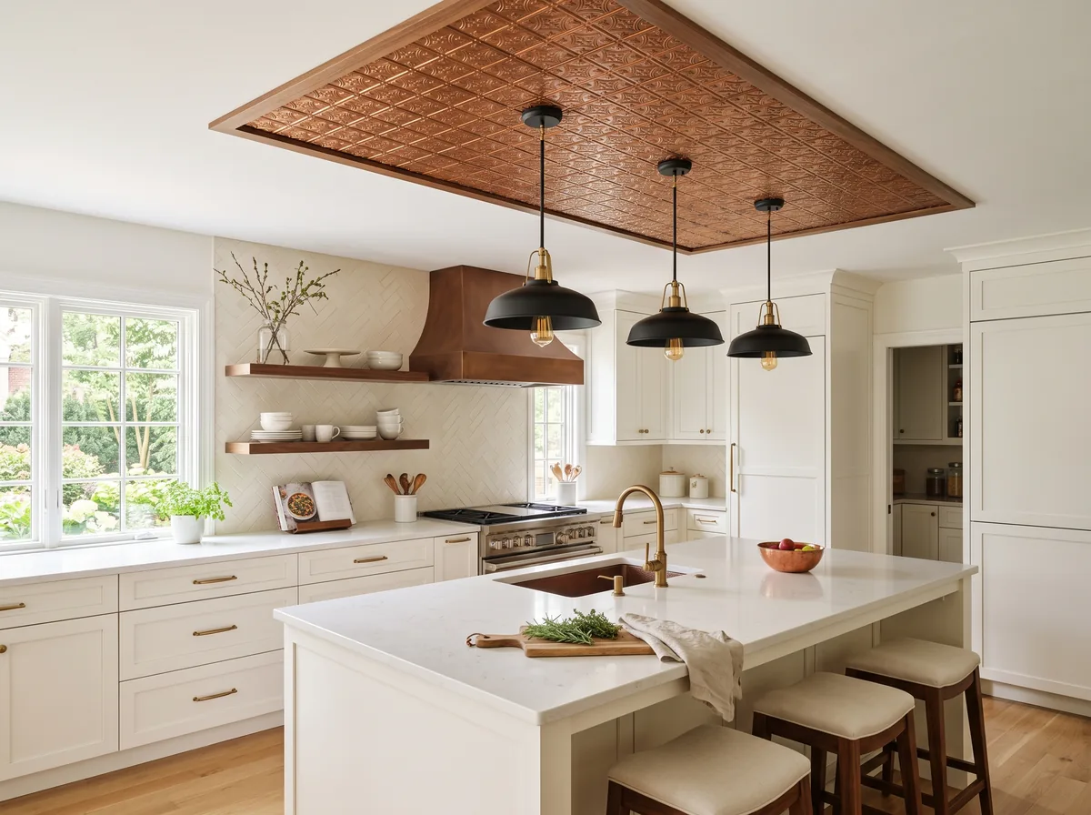 Copper ceiling tiles framed over a kitchen island with matte black pendants and warm accents