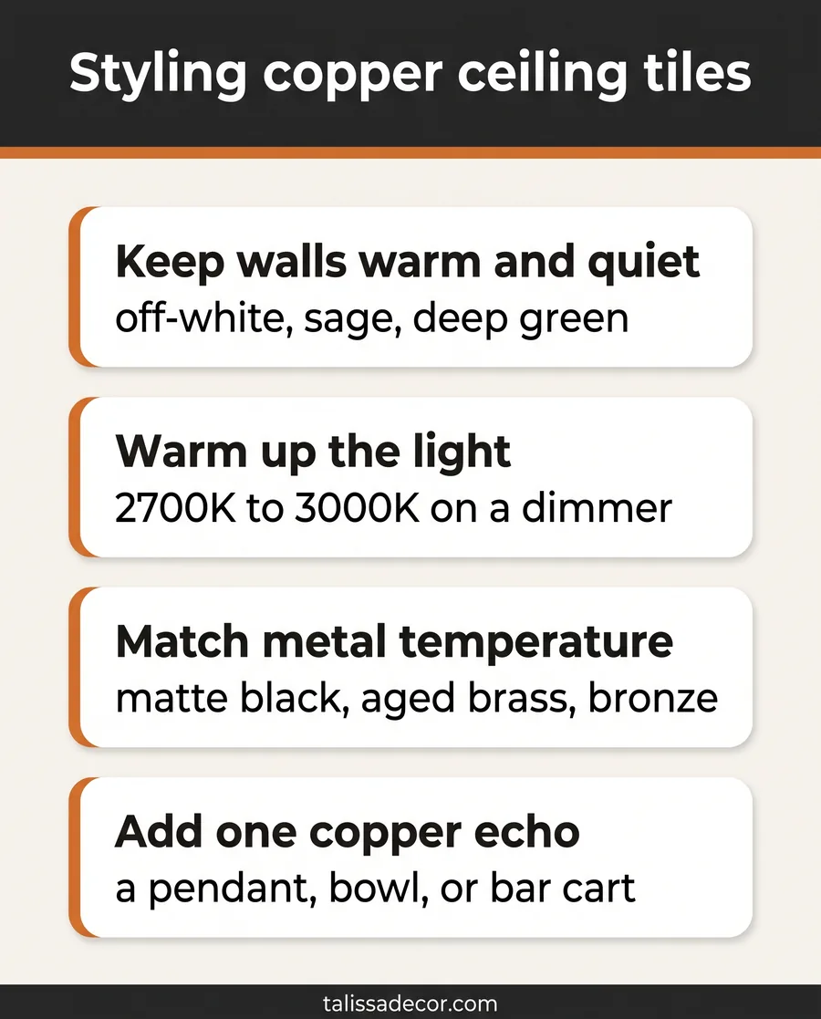 Style guide card showing how to pair copper ceiling tiles with walls, lighting, and metals